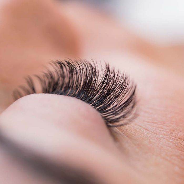 Close-up of long eyelash extensions